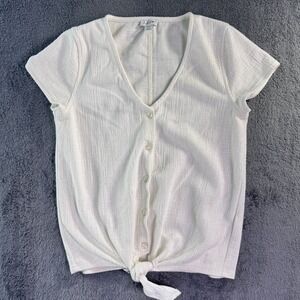 J.Crew Womens White Textured Tie Front Button Up V-Neck Top Size XS Short Sleeve